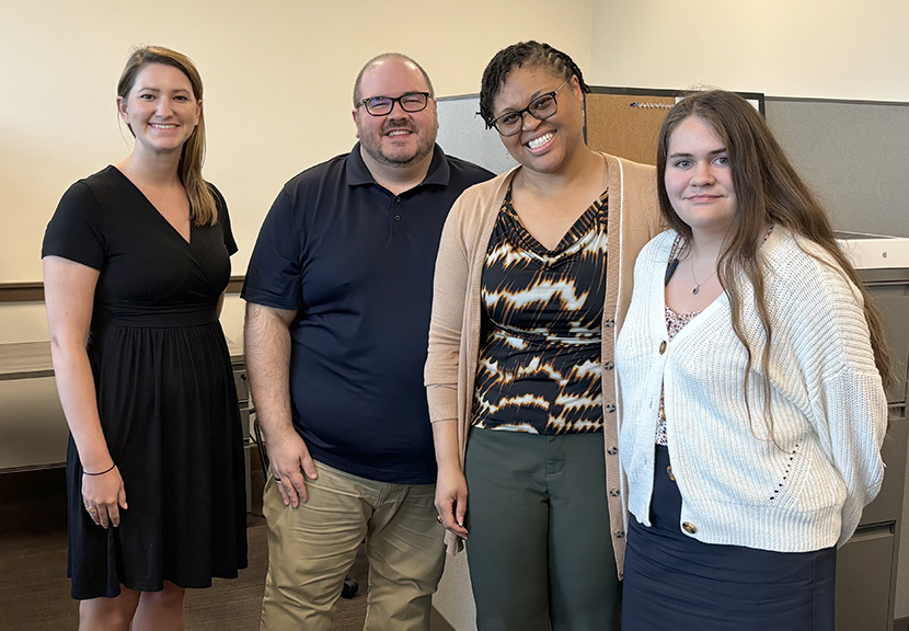 The Roy Howard Community Journalism Center, housed at The University of Southern Mississippi, is launching on Jan. 6. Founding center staff members, from left, include Managing Editor Whitney Argenbright, Community Liaison Joshua Wilson, Director Nichole Cyprian and Sarah Grace Meyn, a student worker.