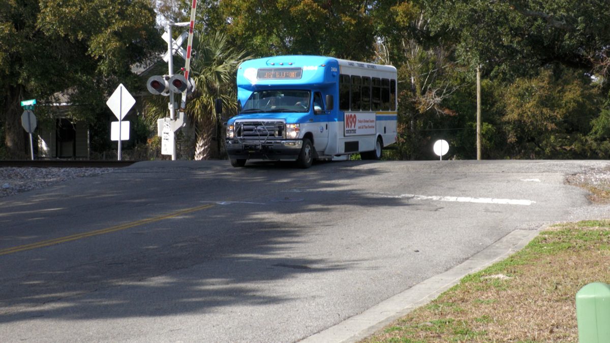 A passenger bus crossed a heightened railroad crossing in Gulfport, Mississippi.