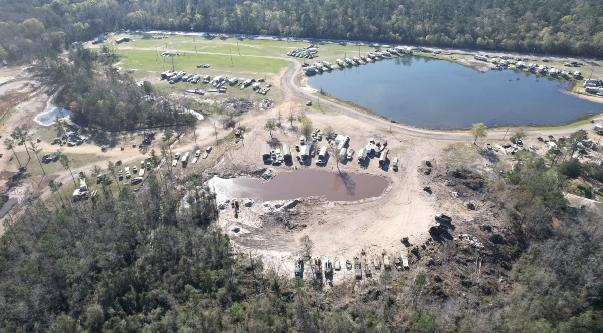 An aerial view of construction at Chickasa Waves, an inflatable water park in Leakesville, Miss. County leaders say recruiting business is a priority for the area.