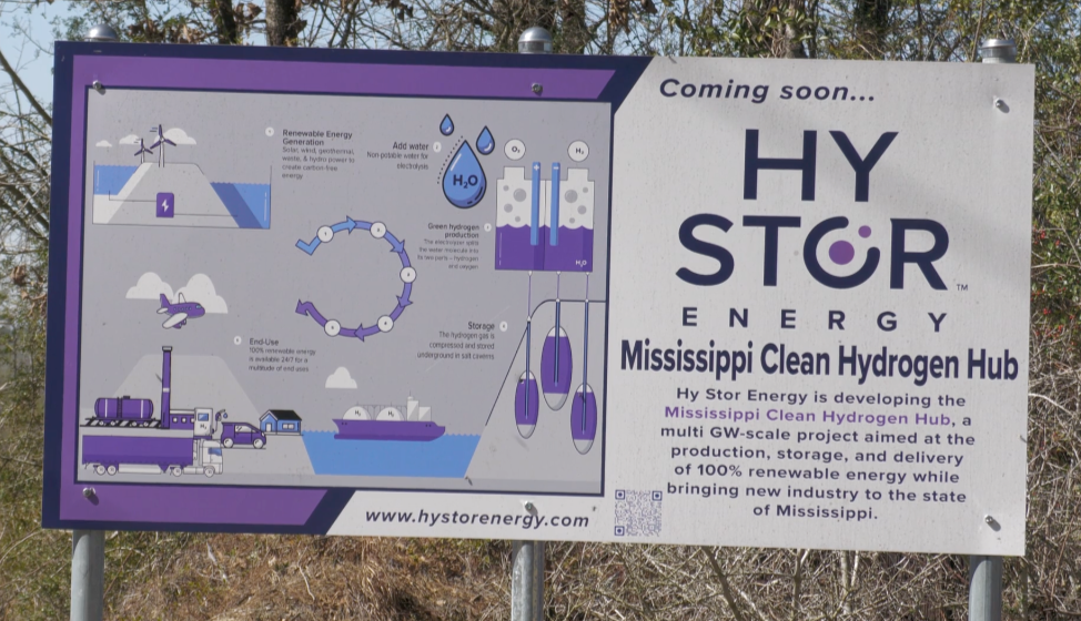 A sign detailing the proposed clean hydrogen hub in Perry County, Mississippi, which will no longer move forward. 