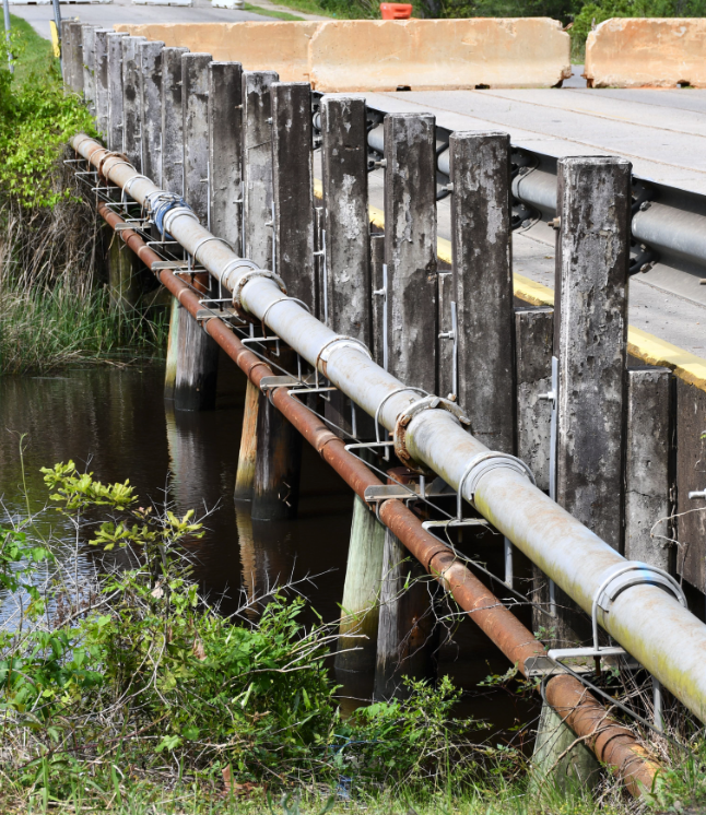 These wooden pilings have supported the Hanshaw Road Bridge in Ocean Springs, Miss., since 1991. Decades of exposure to water and marine organisms have weakened the structure, prompting its closure in early 2025. (RHCJC News) 
