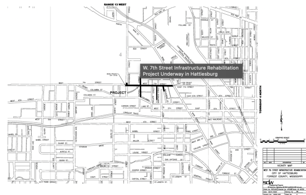 A city-provided map outlines the West Seventh Street Infrastructure Rehabilitation Project, which also includes parts of Eupora, Montague and McLaurin streets. Construction is scheduled to continue through spring 2026. (RHCJC News)