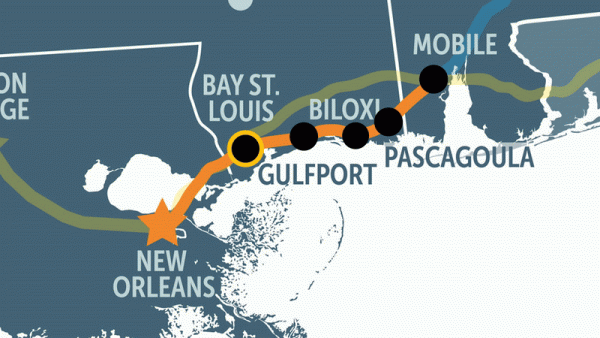 Map indicating where the Mardi Gras Amtrak train will go when it begins in July 2025. The train will stop in New Orleans, Bay St. Louis, Biloxi, Gulfport, Pascagoula and Mobile. It’s the first passenger train in the area since 2005.