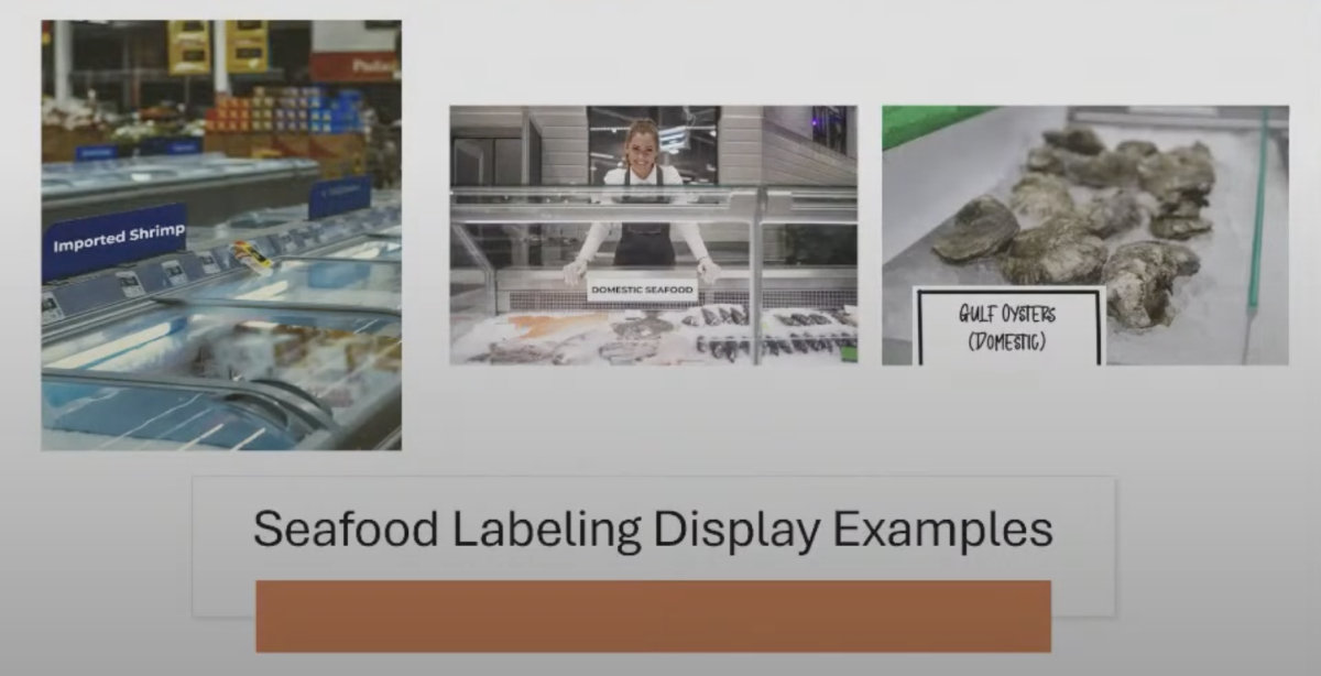 Display examples shared by MDMR show how grocery stores and seafood markets can meet labeling requirements for domestic and imported seafood.