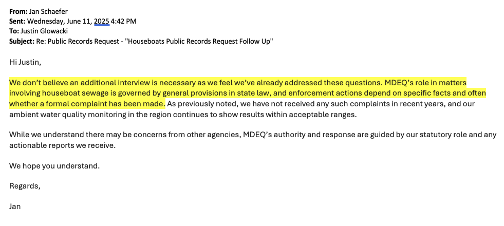 Screenshot of an email from MDEQ stating the agency has not received complaints about houseboat sewage in recent years and that water quality results remain within acceptable ranges.