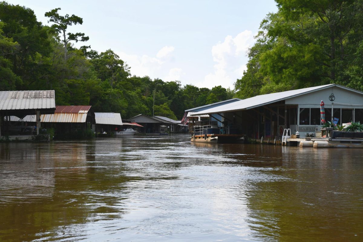 Row of covered houseboats and boat docks line a quiet river channel surrounded by dense green trees under a partly cloudy sky.