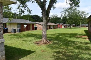 A wide lawn framed by brick housing units and trees at Pecan Chateau, a residential complex in George County.