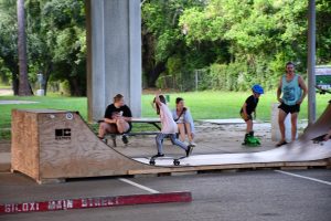 A group of adults and kids talk next to a skateboarding ramp underneath a bridge near a grassy space while a young girl rolls toward the top of the ramp.