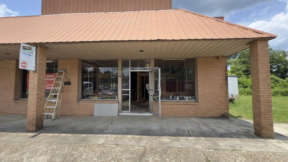 Exterior of an unfinished veterinary clinic in State Line, Mississippi, with a metal roof, brick facade, and open glass door.