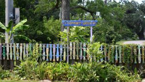 Brightly painted “Community Garden” sign stands above a decorative wooden fence with painted fish slats and surrounding greenery.