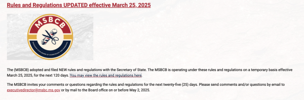 The Mississippi State Board of Cosmetology and Barbering website.