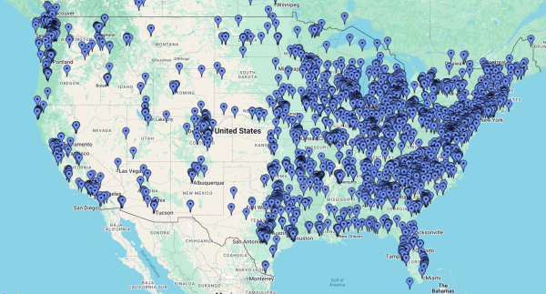 A U.S. map dotted with blue pins shows locations of community food pantries.