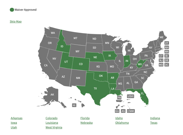 U.S. map with Arkansas, Colorado, Florida, Idaho, Indiana, Iowa, Louisiana, Nebraska, Oklahoma, Texas, Utah and West Virginia highlighted in green to show approved SNAP waivers.