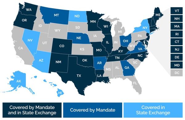 Color-coded U.S. map showing which states require private insurance to cover hearing aids, distinguishing between private market mandates and state exchange coverage.