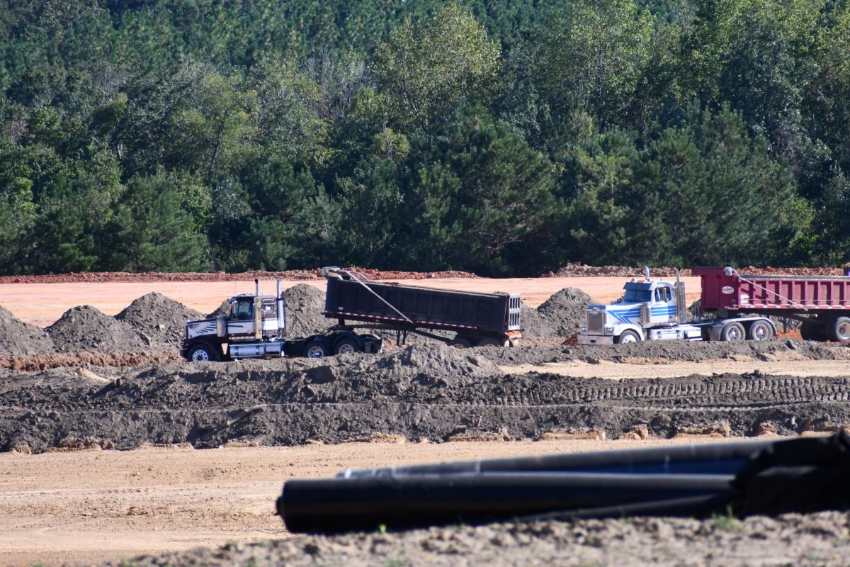Two large dump trucks and several mounds of brown dirt sit on a cleared construction site surrounded by a dense tree line. The trucks appear mid-operation under a bright blue sky, with tire tracks and layers of freshly moved earth visible across the foreground.