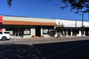 A row of one-story brick storefronts stretches along a sunny downtown street. The shops have large front windows and colorful awnings, with pumpkins and hay bales decorating the entrance of one store. A white SUV is parked in front, and the shadows of nearby trees fall across the road.