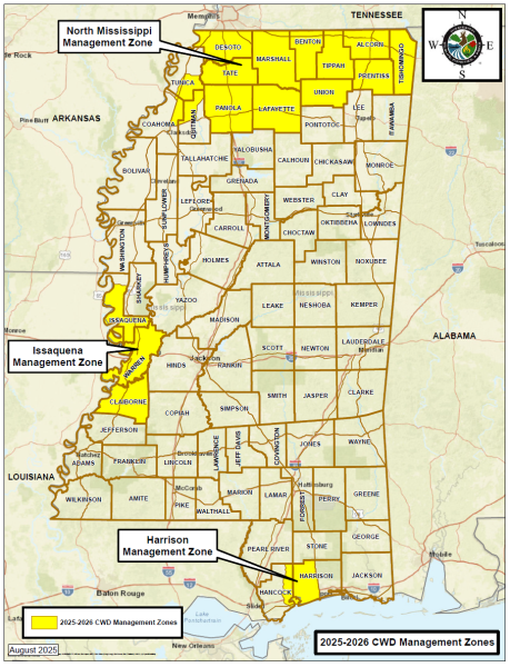 A map of Mississippi highlighting chronic wasting disease management zones in yellow.