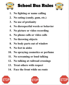 A webpage displaying a numbered list of school bus behavior rules.