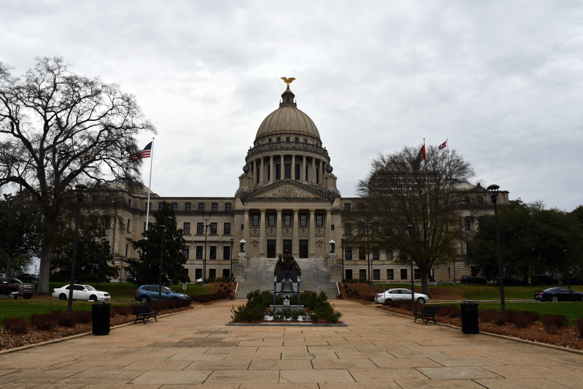 The Mississippi Capitol building with its domed roof and front steps in Jackson.