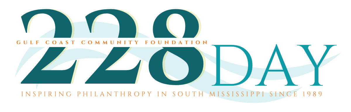 Graphic logo for the Gulf Coast Community Foundation’s 228 Day campaign featuring large teal “228 Day” text with a coastal wave design and the tagline “Inspiring philanthropy in South Mississippi since 1989.”