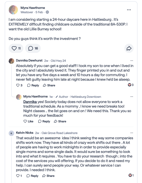 Screenshot of a Nextdoor post by Myra Hawthorne discussing the idea of opening a 24-hour daycare in Hattiesburg, with comments from community members responding.