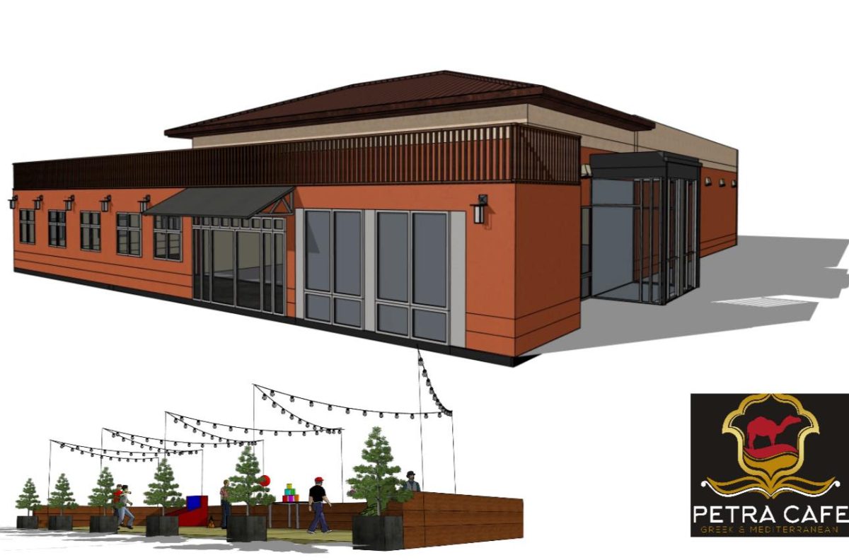 rchitectural rendering of Petra Cafe’s planned expansion in Hattiesburg, featuring a larger dining area, second-story balcony and outdoor patio with string lights and seating.