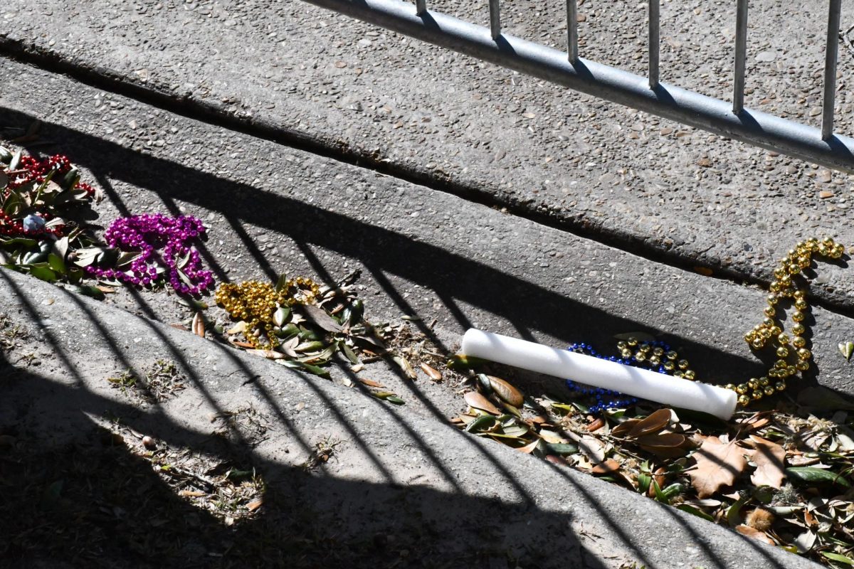 Mardi Gras beads and small debris scattered along a curb near a metal barricade.