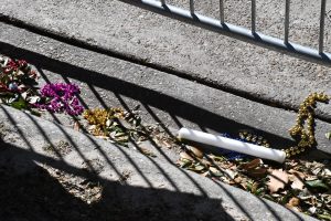 Mardi Gras beads and small debris scattered along a curb near a metal barricade.