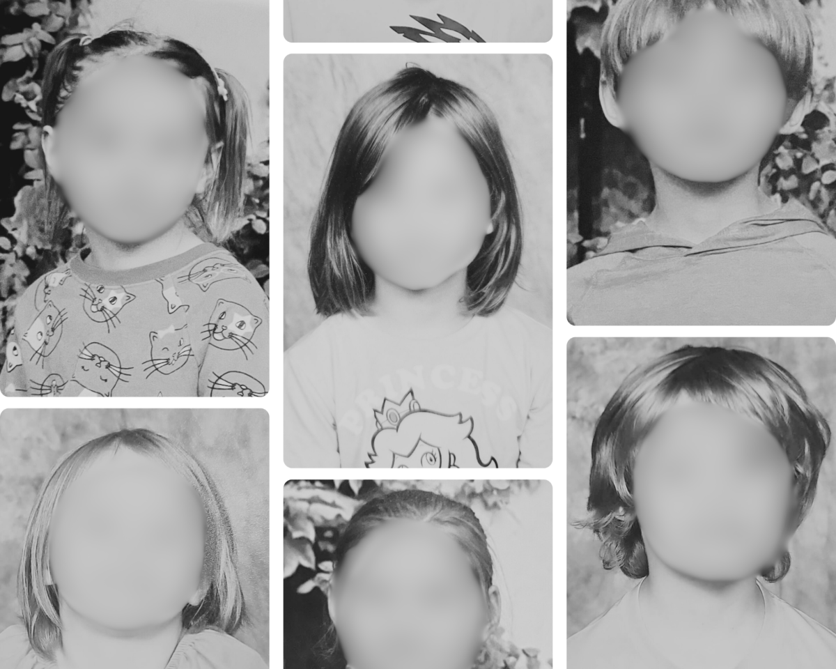 Black-and-white collage of several children’s school portrait photos with faces blurred, used to illustrate a fact-check about online claims involving Lifetouch school photography.