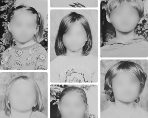 Black-and-white collage of several children’s school portrait photos with faces blurred, used to illustrate a fact-check about online claims involving Lifetouch school photography.