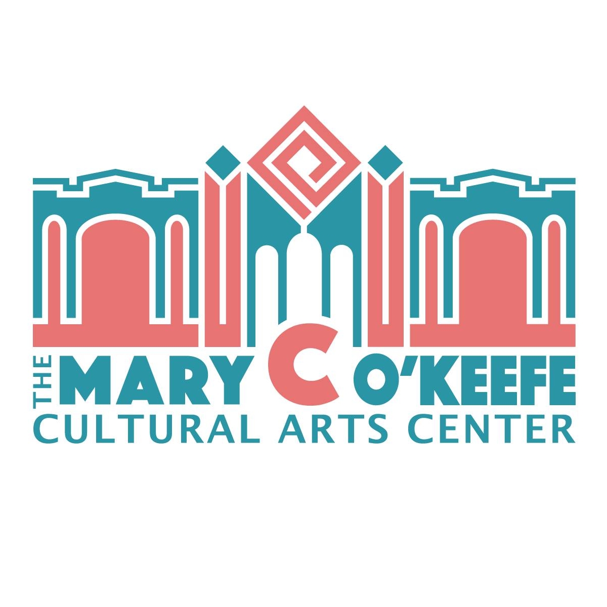 Logo of the Mary C. O’Keefe Cultural Arts Center in teal and coral on a light background.