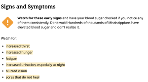 Mississippi State Department of Health graphic titled “Signs and Symptoms” listing possible signs of high blood sugar, including increased thirst, increased hunger, fatigue, frequent nighttime urination, blurred vision, and slow-healing sores.