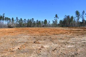 A cleared construction site with red dirt and trees in the background.