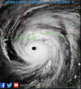 Satellite image showing the eye of Hurricane Katrina.