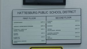 An indoor directory sign lists Hattiesburg Public School District offices on the first and second floors.