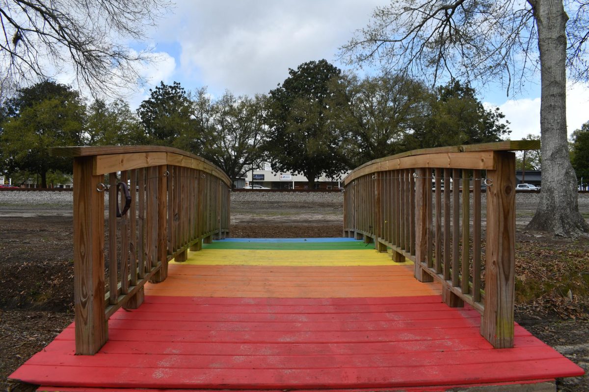 A small wooden bridge painted in rainbow colors crosses a shallow drainage ditch in Shay Park.