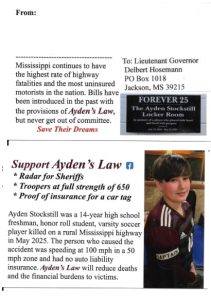 A postcard advocating for “Ayden’s Law,” featuring a photo of Ayden Stockstill and a message supporting radar enforcement for Mississippi sheriffs.