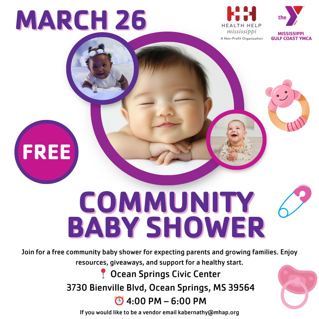 Promotional flyer for a free community baby shower March 26 at the Ocean Springs Civic Center from 4 to 6 p.m., hosted by Health Help Mississippi and the Mississippi Gulf Coast YMCA.