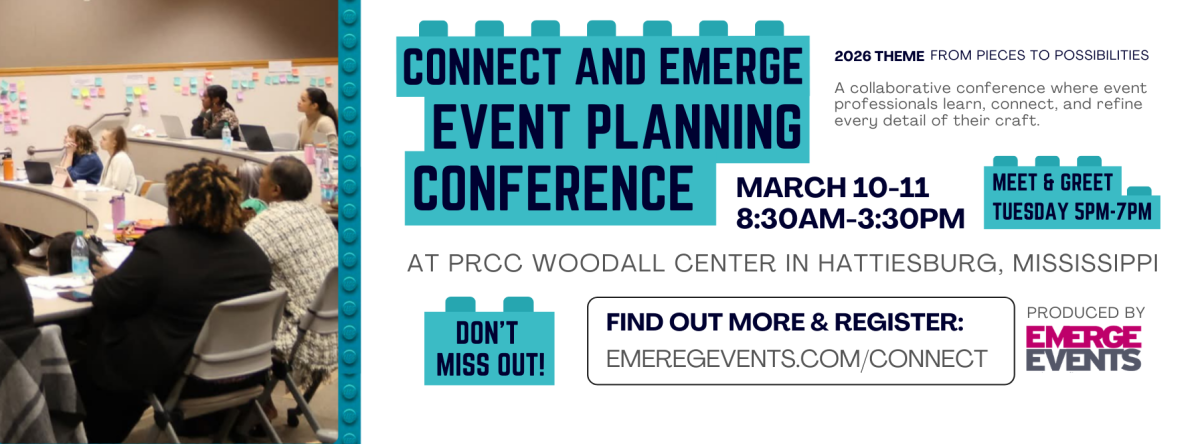 Promotional graphic for the Connect & Emerge Event Planning Conference held March 10-11 at the PRCC Woodall Advanced Technology Center in Hattiesburg.