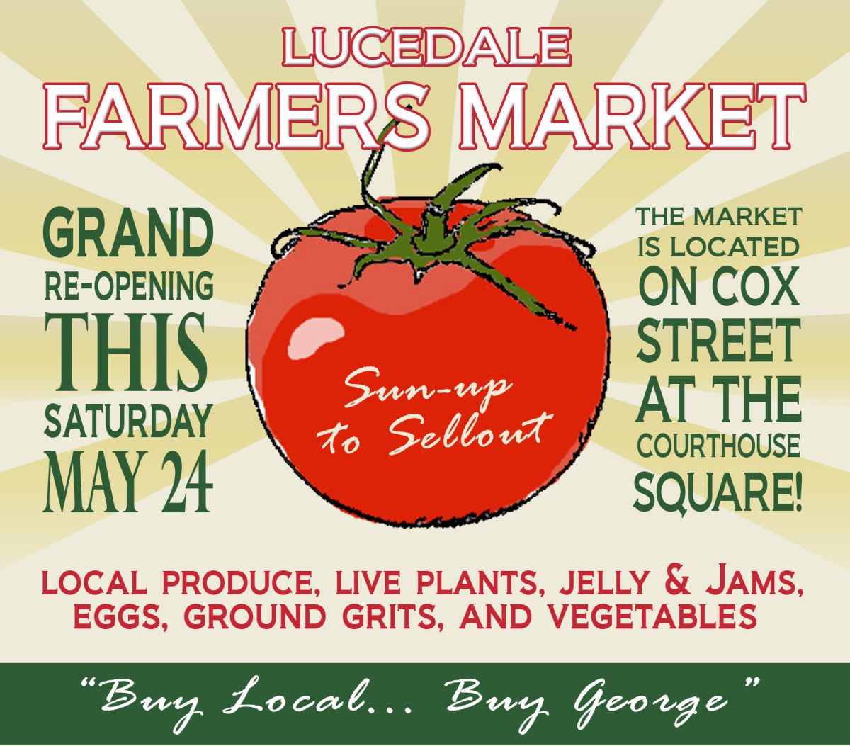 Graphic promoting the reopening of the Lucedale Farmers Market on May 24, featuring a large tomato illustration and information about local produce and goods.