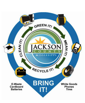 Graphic promoting Jackson County waste disposal and recycling shows icons for e-waste, cardboard, batteries, phones, tires and white goods with the message: “Clean it, Green it, Recycle it, Mean it, Bring it.”