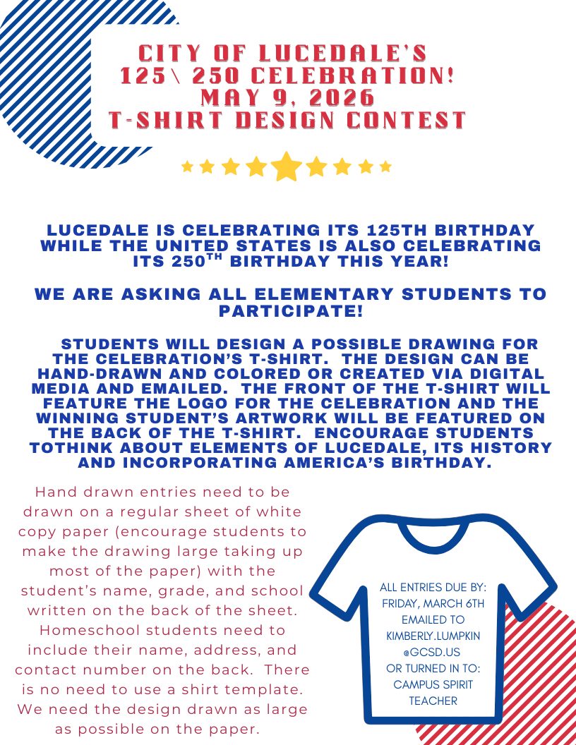 Red, white and blue flyer announcing Lucedale’s 125th anniversary T-shirt design contest for elementary students, with details about submitting artwork for the May 9 celebration.