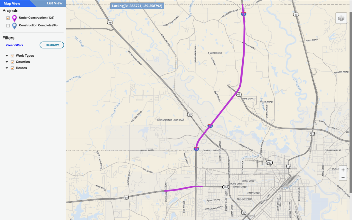 Map highlighting road construction segments along Interstate 59 and U.S. 98 in Forrest and Lamar counties.