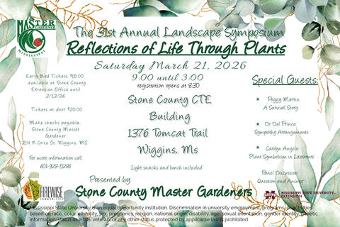 Promotional graphic for the 31st annual landscape symposium hosted by the Stone County Master Gardeners on March 21 in Wiggins, featuring gardening education, guest speakers and landscaping information.