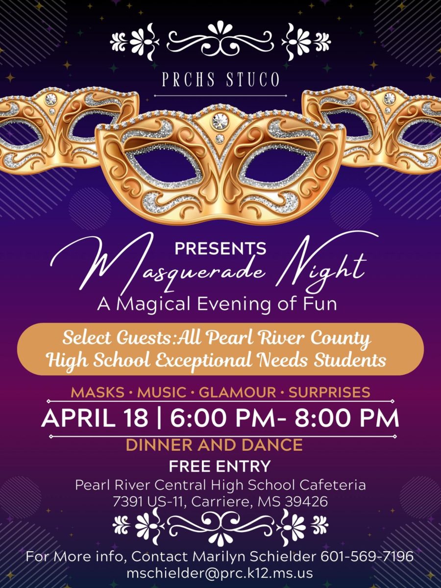 Promotional flyer for the Pearl River Central High School Student Council Masquerade Night for exceptional-needs students on April 18 from 6 to 8 p.m. at the Pearl River Central High School cafeteria in Carriere.
