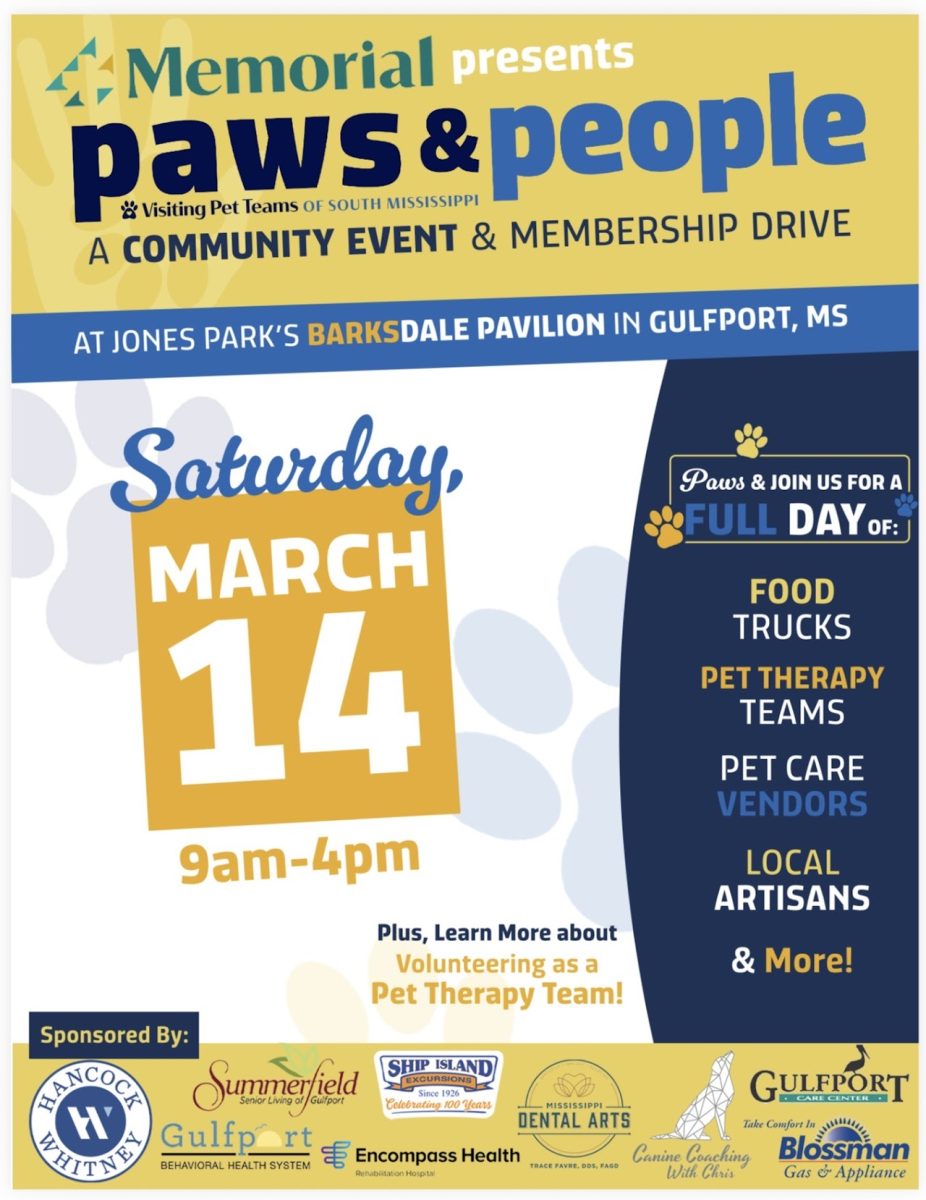 Promotional poster for the Paws and People Festival and membership drive on March 14 at Jones Park in Gulfport, featuring event details including time, location, food trucks, therapy teams, vendors and volunteer information.