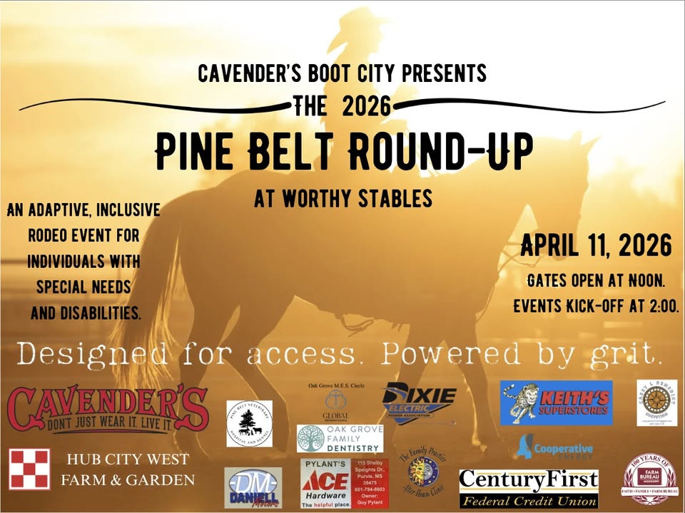 Promotional poster for the 2026 Pine Belt Round-Up featuring the date, time, events and sponsors.