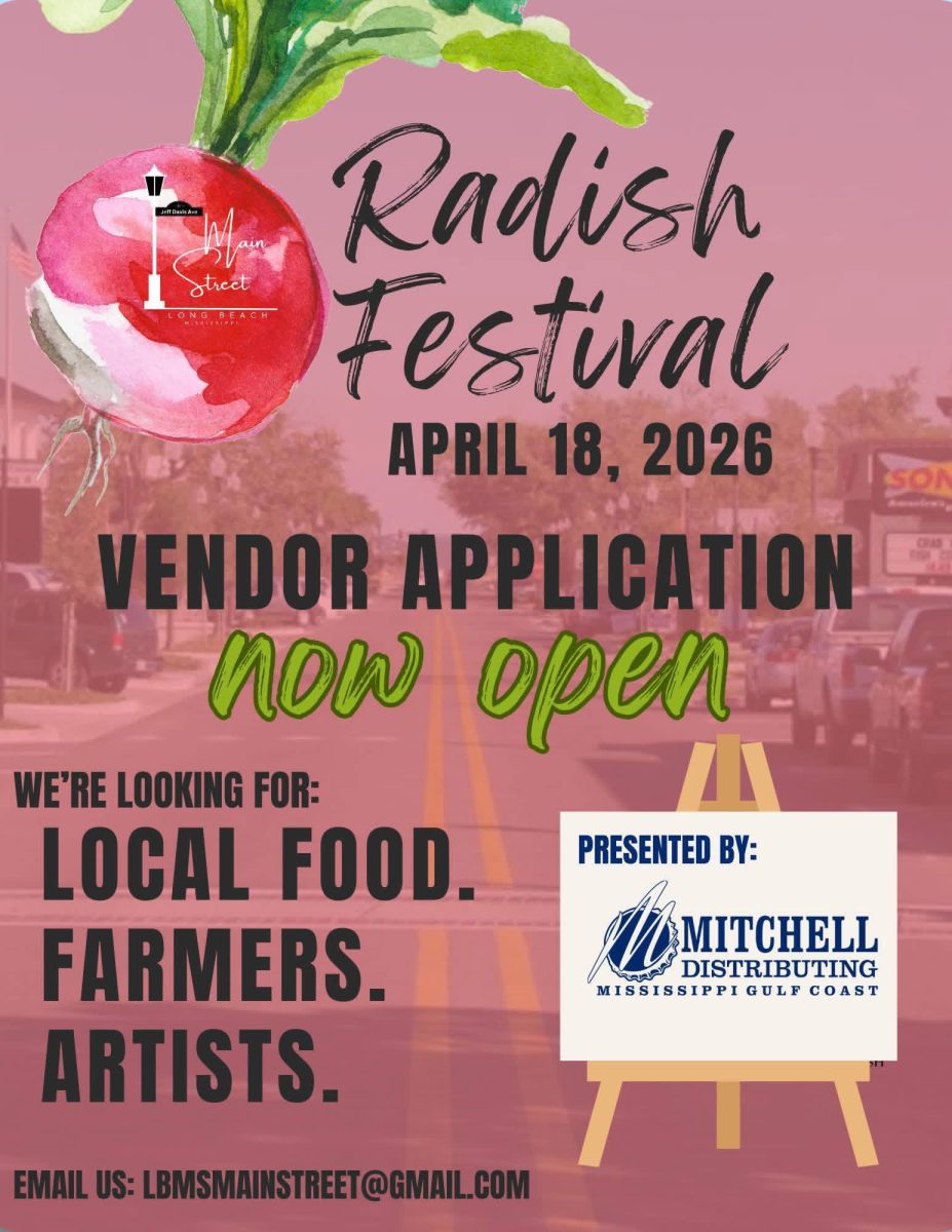 Promotional flyer for the Long Beach Radish Festival on April 18, 2026, advertising that vendor applications are open for local food vendors, farmers and artists.