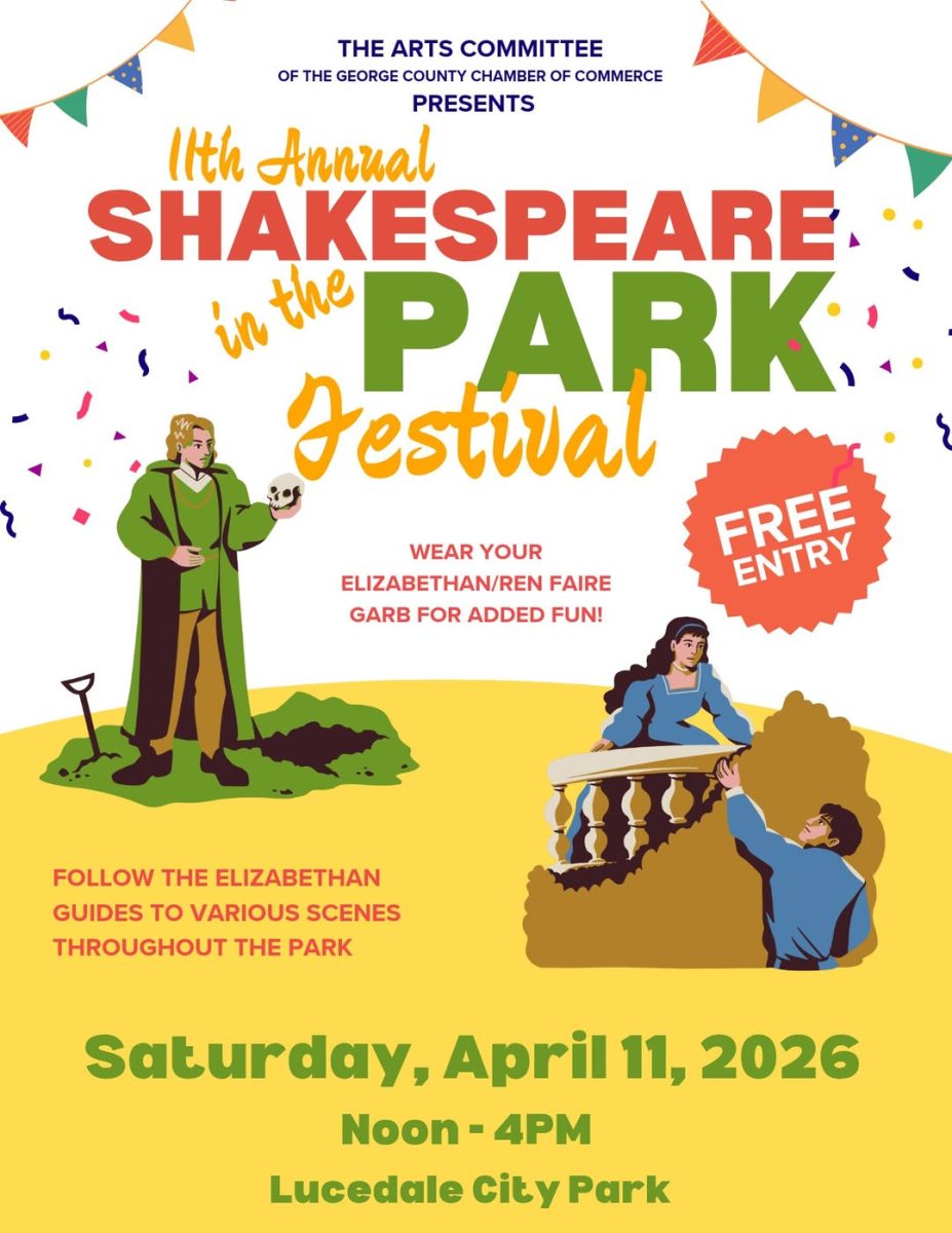 Colorful festival poster for the 11th annual Shakespeare in the Park in Lucedale, Mississippi, showing illustrated characters in Elizabethan-style clothing and text noting free entry and the April 11 event date at Lucedale City Park.