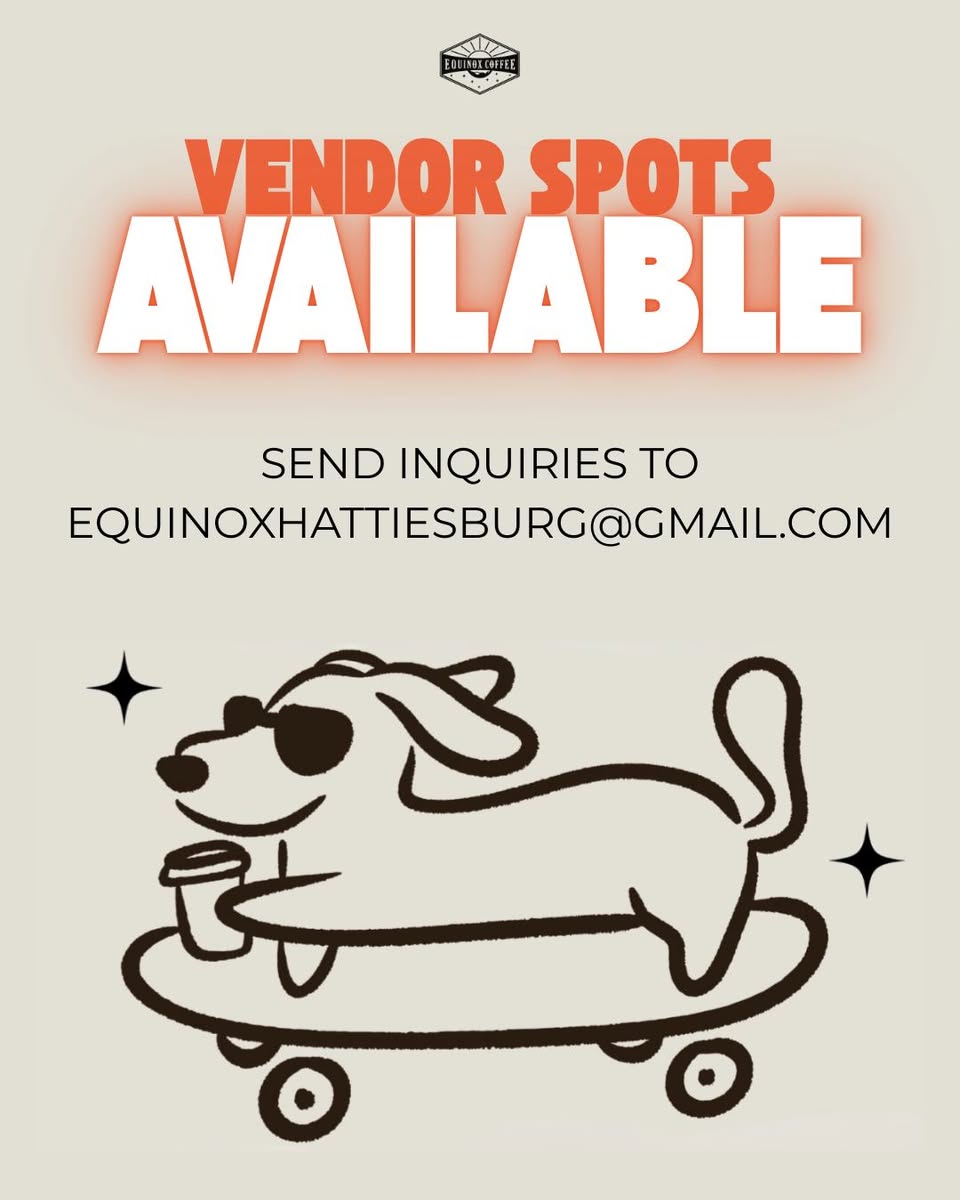 Flyer promoting the Spring Equinox Festival at Equinox Coffee in Hattiesburg, Mississippi, announcing music, food, drinks, tattoos and vendor opportunities.